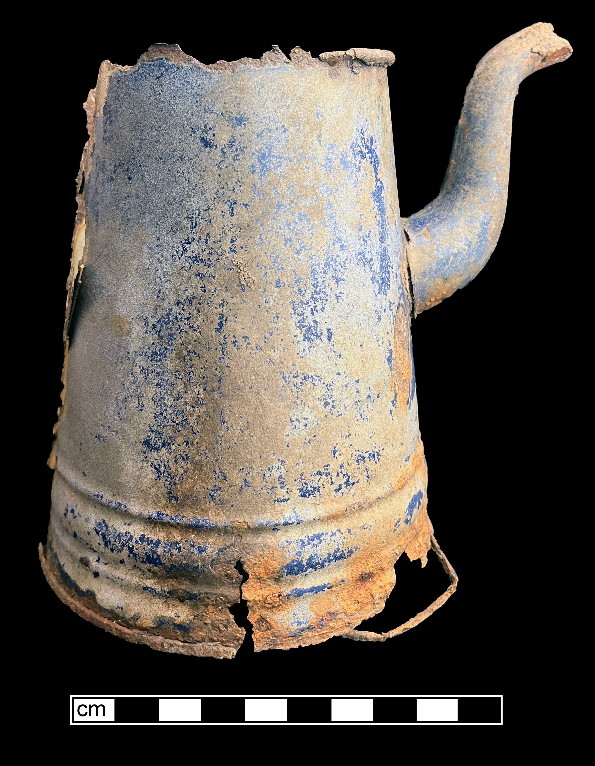 Side view of a blue enameled metal coffee pot.
